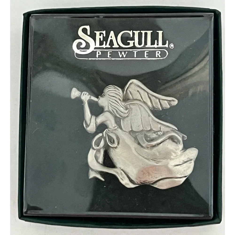1992 Canada Seagull Handmade Pewter Angel w/ Trumpet Brooch Pin w/ Orignal Box